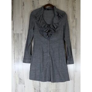 Lapis Shirt Dress Gray Ruffle Neck Button Front Roll Tab Sleeve Goth Steampunk